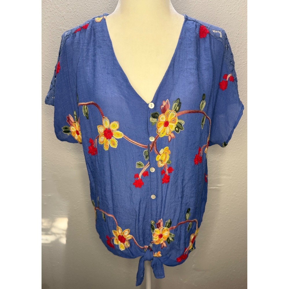 Fig and Flower Blouse Women Large Blue Floral Embroidered Lace Tie Front